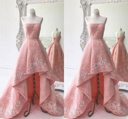 3D Embroidered Formal Prom Dresses High Low Pink Lace Strapless Open Back Evening Gowns Special Occasion Dress Women Long Party Dress