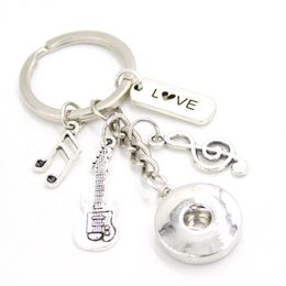 New Arrival DIY Interchangeable 18mm Snap Jewellery I love music Key Chain Bag Charm Music Note Guitar Key Ring for Music Lover Gift