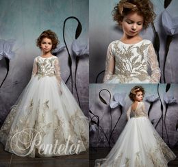 sexy kids dresses Canada - Long Sleeves Flower Girls Dresses With Lace Appliques Feather Jewel Neckline Girl Pageant Dress Sexy Back Birthday Kids Communion Dress