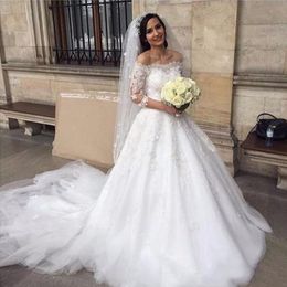 Lace Half Sleeves Wedding Dresses Gorgeous Off The Shoulder Sweep Train Bridal Gowns Lace Up Back Tulle Wedding Vestidos Custom Made