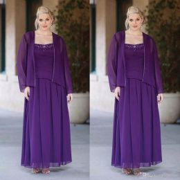 Plus Size Purple Mother Of The Bride Dresses Two Pieces Chiffon Jacket Spaghetti Strap Floor Length Beaded Wedding Guest Dress