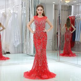 Sexy Mermaid Evening Dresses High Quality Major Beading Sequins Sweep Train Long Prom Dresses Open Back Formal Gowns