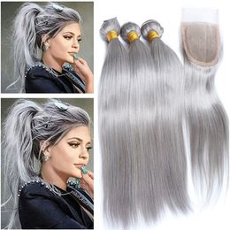 Brazilian Silver Grey Hair Bundles 3Pcs with 1Pc Closure 4Pcs Lot Straight Grey Coloured Human Hair Weave Wefts with 4x4 Lace Closure Piece