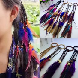 Handmade Bohemia Feather Hair Rubber Bands With Plait Wood Beads Girls Hippie Rope Mix Colours