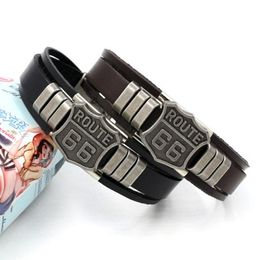 Wholesale Mens Fashion ROUTE 66 Rivet Charm Punk Retro Multilayer Leather Bracelets For Men Cuff Bangles Jewellery Gifts