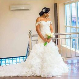 African Brazil Luxury Mermaid Wedding Dresses Beaded Crystals Off Shoulder Tiered Organza Backless Court Train Wedding Bridal Gowns