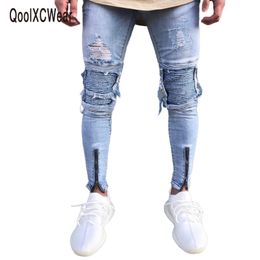 QoolXCWear Brand Designer Slim Fit Ripped Jeans Men Hi-Street Mens Distressed Denim Joggers Knee Holes Washed Destroyed Jeans S913