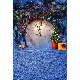 Blue Winter Christmas Background Photography Printed Pine Tree Branches Balls Present Snowflakes Big Clock Xmas Photo Backdrop