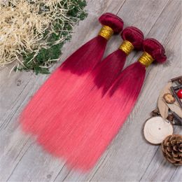 Two Tone Red Pink Human Hair Weaves Silky Straight Pink Ombre Hair Extensions 3 Bundles Deals Peruvian Virgin Hair Extension