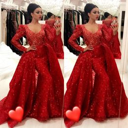 Amazing Red Mermaid Evening Dress With Overskirt Sexy V-Neck Long Sleeve 2018 Prom Dresses Gorgeous Sequins Beads Lace Dubai Evening Gowns