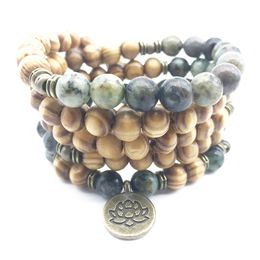 SN1372 Fashion Bracelet For Women Retro Design 108 Mala Bracelets Natural African Tuquoise Wood Bead Bronze Lotus Bracelet