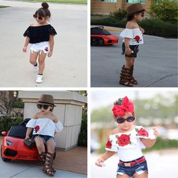 Cute Toddler Clothing 2018 Summer Kids Neonate Vestiti Set Flower Top + Pantaloncini di jeans 2 pezzi Abiti per ragazze Moda Abbigliamento per bambini 2-7T