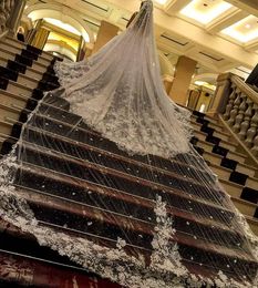 Luxury Sparkly Sequined One Layer Wedding Veils Lace Applique Long Cathedral Length Veils Tulle Beaded Bridal Veil
