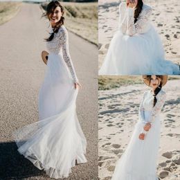 empire waist boho wedding dress UK - Simple 2019 Long Sleeves Beach Wedding Dresses Lace Tulle Floor Length Country Boho Empire Waist Wedding Bridal Gowns A Line