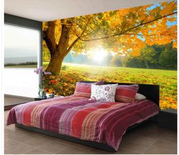 Custom Any Size Mural Wallpaper TV Background Original Beautiful Golden Maple Leaf Big Tree Autumn Forest Sun TV Background Wall