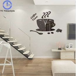 Coffee Cup Mirror Wall Clock Mute Watch Modern Home Decor Stickers Living Room DIY battery Acrylic Large Hands Needles