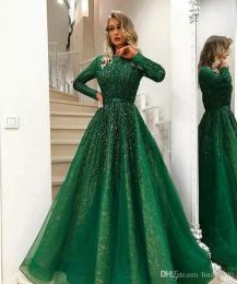 Sexy Arabic Dark Green Evening Dresses Beaded Stones Long Sleeve Prom Dress Floor Length Formal Party Gowns Plus Size