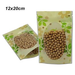 12x20 cm 50pcs Lot Plastic Stand Up Green Leaves Zipper Lock Food Storage Bags with Round Clear Window Resealable Poly Pouch for Beans Nut