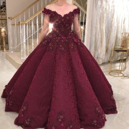 BurgundyLace Ball Gown Prom Dresses Sexy Off Shoulder Floral Appliques Party Dress Glamorous Dubai Celebrity Evening Gowns Formal Prom Dress