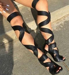2018 Hot Peep Toe Sexy Women Sandals Lace Up Strappy Over the Knee High Summer Boots Ladies Black High Heels Party Ball Shoes