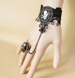 Hot style Vintage gothic black lace pirate skull hand ornaments with ring integrated chain fashion classic elegant