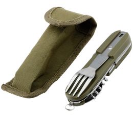 Army Green Folding Portable Stainless Steel Camping Picnic Cutlery Knife Fork Spoon Bottle Opener Flatware Tableware Travel Kit LZ0821