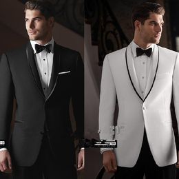 High Quality Black/White Groom Tuxedos Groomsmen Blazer Shawl Lapel One Button Men Business Formal Party Prom Suit(Jacket+Pants+BowsTie) 247