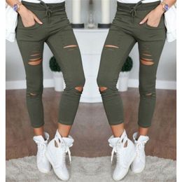 New Casual Cropped Pencil Pants Women Skinny Leggings Female Ripped Holes Stretch Pencil Trousers Ankle-Length