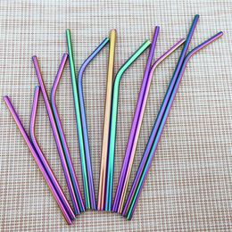New 6 Size Colourful Rainbow Juice Milk Drink Straws Reusable Metal Drinkware Stainless Steel Bent Straight Cleaning Brush Logo 12pcs