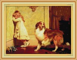 Girl and Sheepdog,childhood partner decor paintings ,Handmade Cross Stitch Embroidery Needlework sets counted print on canvas DMC 14CT /11CT