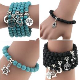 Low price Natural Lava Stone Turquoise Prayer Beads Charms Bracelets Anti-fatigue Volcanic Rock Men's Women's Fashion Diffuser Jewelr