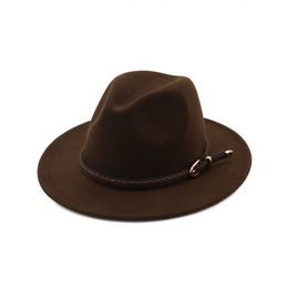 High Quality Wide Brim Wool Felt Formal Party Jazz Trilby Fedora Hat with Belt Buckle Casual Panama Fedoras Cap