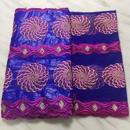 5Yards Hot sale royal blue african Bazin brocade lace fabric and 2yards french net lace fuchsia embroidery for dress BZ15-6