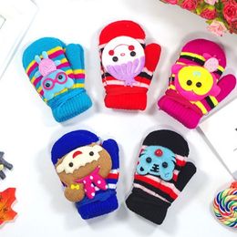 Colorful Cartoon Animal Kids Hanging Gloves Autumn And Winter Warm Mittens With Hang Rope Baby