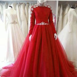 African Designer Red High Neck Prom dress A line Tulle Long Sleeves Cheap Evening Formal Gowns For Women Bling Crystal Beaded Ruched