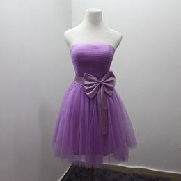 Light Purple Short Bridesmaid Dress With Bow Strapless Pleated Simple Tull Wedding Party Dress Real Image