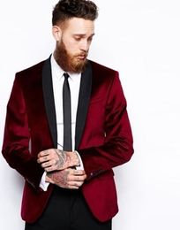 High Quality Dark Red Velvet Groom Tuxedos Groomsmen Shawl Lapel Best Man Blazer Mens Wedding Suits (Jacket+Pants+Tie) H:834