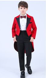 Double-Breasted Red Tailcoat Boy Formal Wear High Quality Boy Wedding Blazer Handsome Child Birthday Prom Show Suit (jacket+pants+Bows Tie)