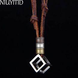 NIUYITID 100% Genuine Leather Men Necklaces Pendants Punk Vintage Adjustable Brown Rope Chain Male Jewellery Mens Jewellery