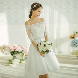 Boat Neck Half Sleeve Bridal Gown Lace Beading Short Beach Wedding Dresses 2018