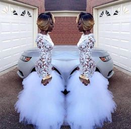 2023 White Lace Mermaid Prom Dresses for Black Girls Long Sleeves Ruffles Tulle Floor Length Plus Size Evening Prom Gowns Vestidos