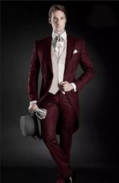 Customised Morning Style Wedding Tuxedos Peak Lapel Men's Suit Burgundy Groomsman/Best Man Wedding/Dinner Groom Suits Jacket+Pants+Tie+Vest