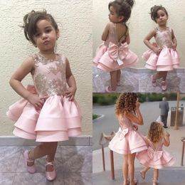 christmas satin balls Canada - 2018 Baby Pink Cheap Flower Girls Dresses Knee Length Lace Appliques Bow Beaded Backless Tiered Ruffles Birthday Children Girl Pageant Gowns