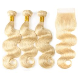 Brazilian Platinum Blonde Hair Weave With Lace Closure Body Wave Lace Closure With Bundles #613 Hair Extensions With Lace Closure