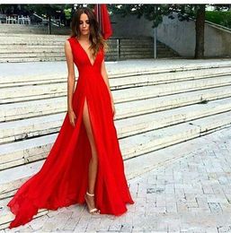 New Red Evening Dresses Cheap 2019 Deep V Neck Formal Evening Dress Long Imported Party Prom Gowns Free Fast Shipping