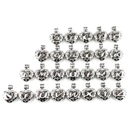 Silver 26 Alphabet Letter Heart Beads Pearl Cage Locket Pendant Aroma Essential Oil Diffuser Charms Sweet Name Gift