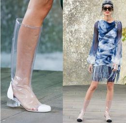 -2018 Women Clear PVC Muslo High Boots Sexy Transparente Fashion Street Style zapatos T-stage Knee High Boots y Mid-Calf Boots Mujer