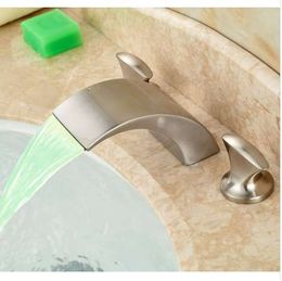 Dual Handles Waterfall Bathroom Sink Basin Faucet LED Light Deck Mount 3 Holes Mixer Tap Brushed Nickel Finished