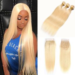 Brazilian Platinum Blonde Human Hair Weave 3 Bundles With 4x4 Free Part Lace Closure Straight #613 Blonde Hair Extensions 10-24 Inch