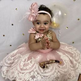 Lovely Baby Toddler Birthday Dress Jewel Neck Bows Lace Applique Tulle Ankle Length Flower Girls Dress Sparkly Sequins First Communion Gowns